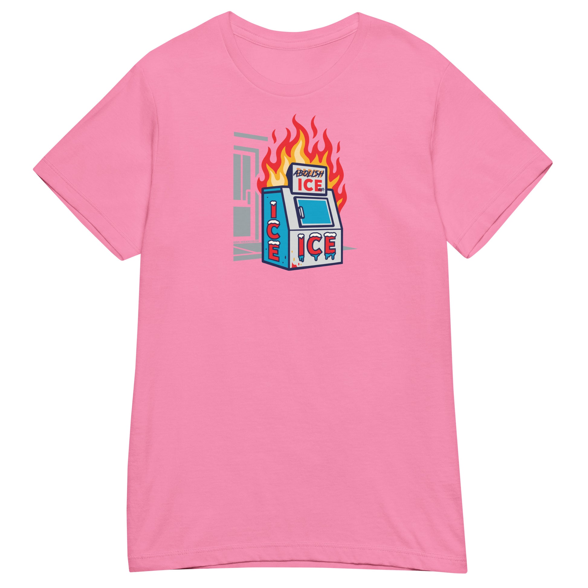 Light pink Abolish ICE Women’s Softstyle T-Shirt featuring a bold activist graphic of a burning ice machine, from TheBlackest Co.