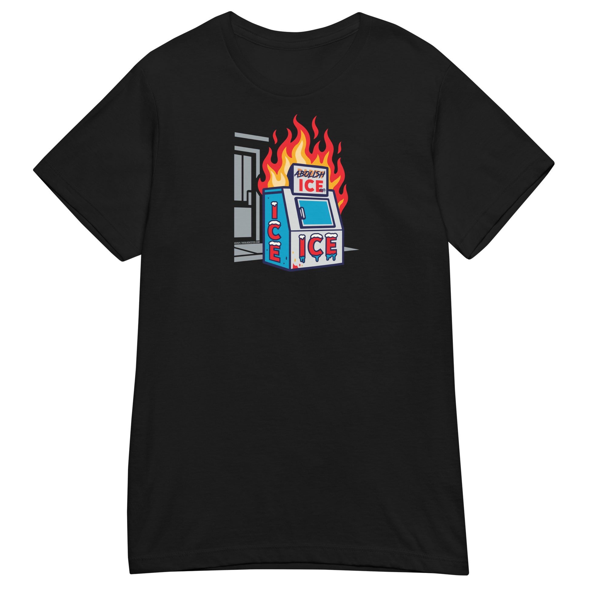 Black Abolish ICE Women’s Softstyle T-Shirt with bold flaming ice machine graphic, a powerful civil rights statement by TheBlackest Co.