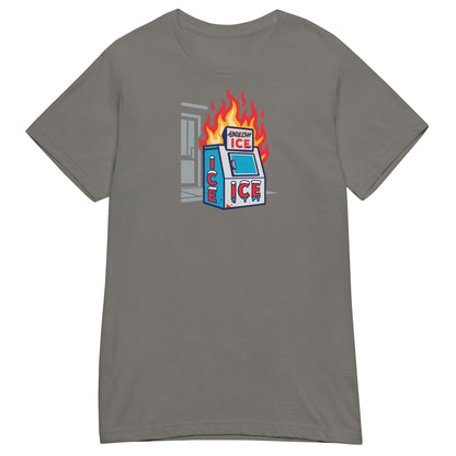 Gray Abolish ICE Women’s Softstyle T-Shirt by TheBlackest Co., showcasing a graphic of a burning ice machine for anti-ICE activism.