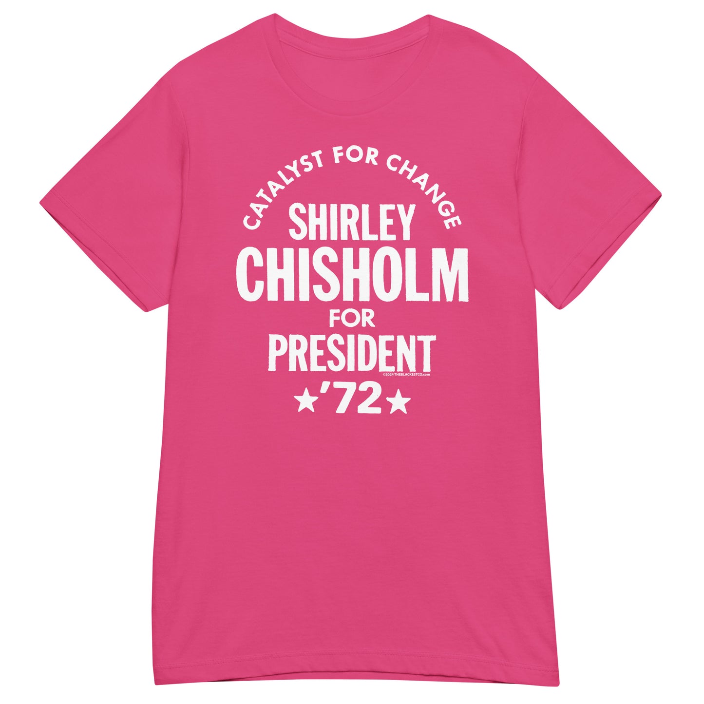 Hot pink Shirley Chisholm For President 72 Women’s Softstyle T-shirt featuring white vintage-style text. Stylish and empowering women’s graphic tee.