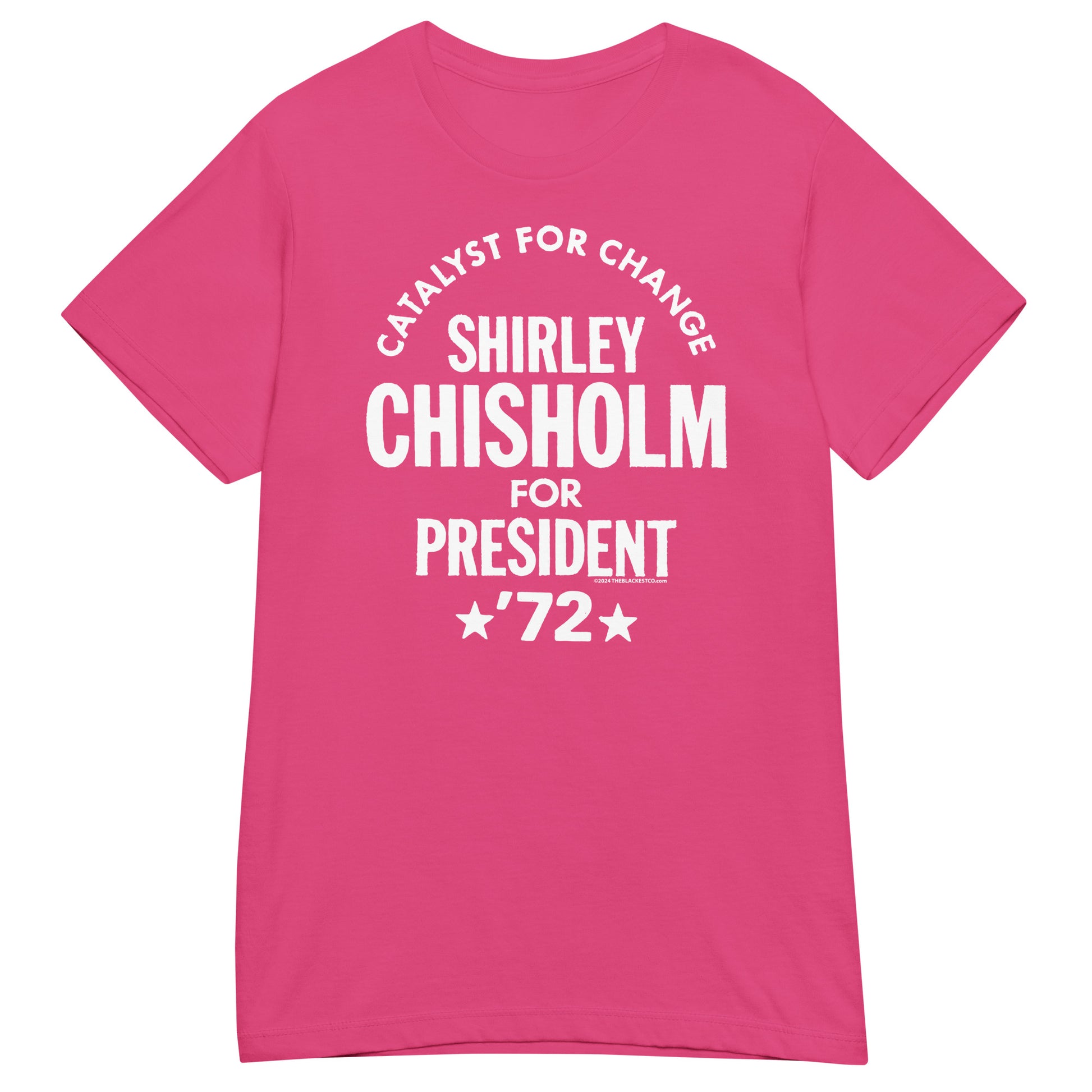 Hot pink Shirley Chisholm For President 72 Women’s Softstyle T-shirt featuring white vintage-style text. Stylish and empowering women’s graphic tee.