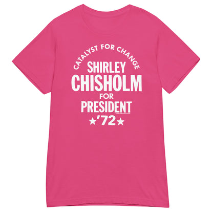 Hot pink Shirley Chisholm For President 72 Women’s Softstyle T-shirt featuring white vintage-style text. Stylish and empowering women’s graphic tee.