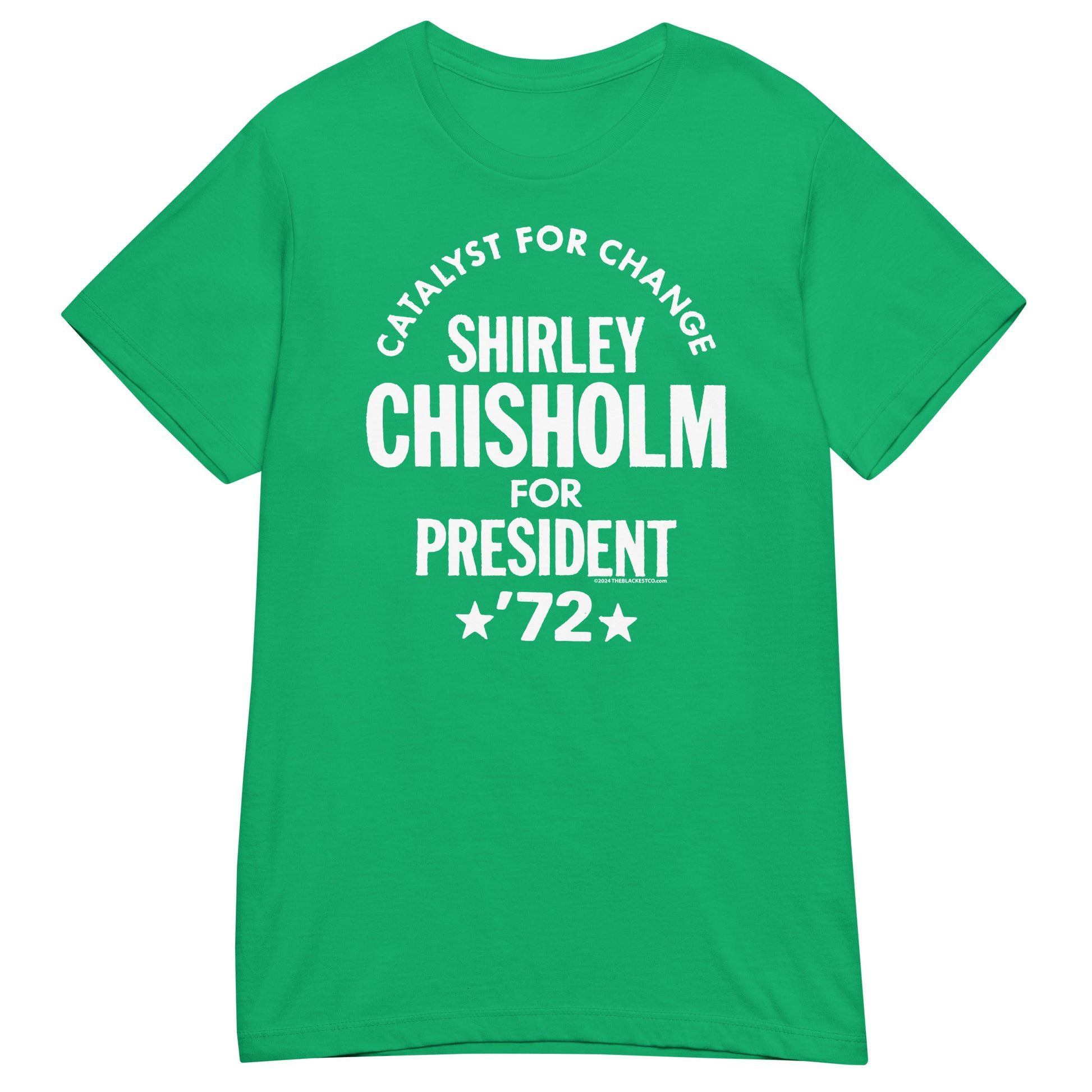 Green Shirley Chisholm For President 72 Women’s Softstyle T-shirt with white lettering. Comfy and bold tee supporting women’s empowerment and culture.