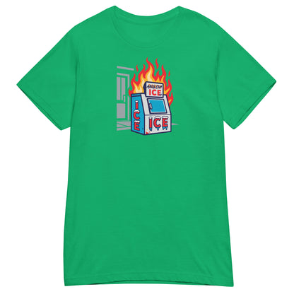 Green Abolish ICE Women’s Softstyle T-Shirt with striking protest art of a flaming ice machine, designed for statement-making wear.