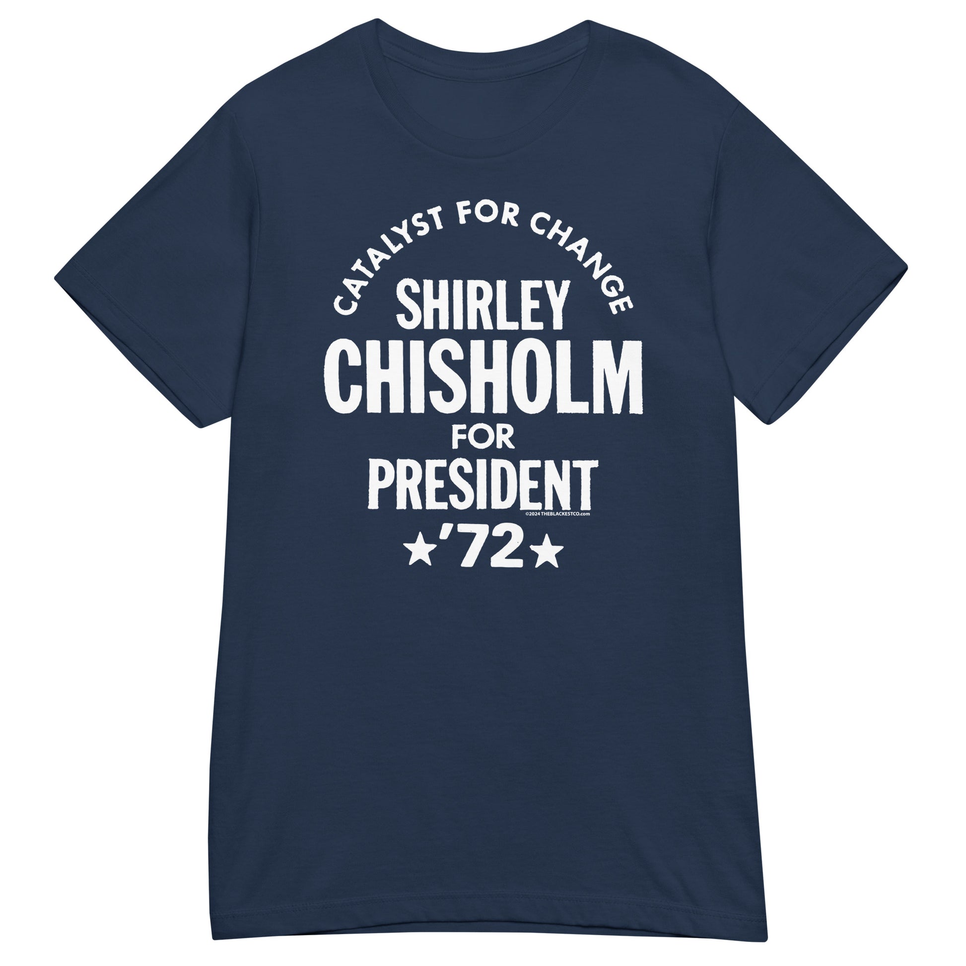 Navy blue Shirley Chisholm For President 72 Women’s Softstyle T-shirt with white lettering. Soft cotton tee celebrating political history and women’s rights.