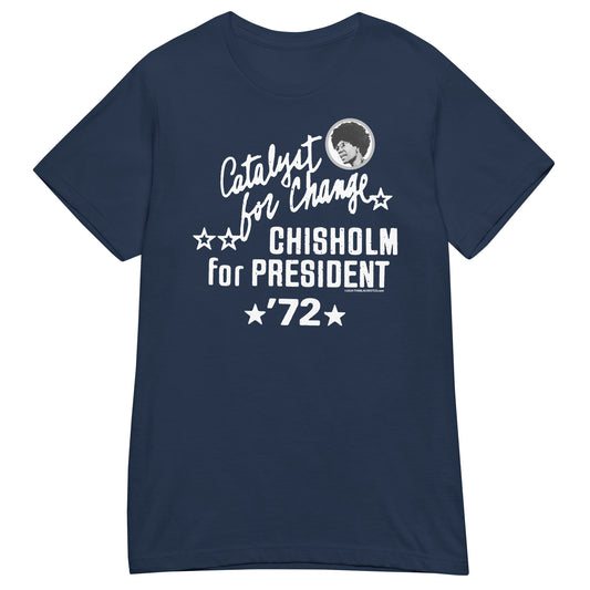 Navy Shirley Chisholm Vintage Campaign Women’s Softstyle T-shirt with bold white 'Chisholm for President '72' graphic and retro design.