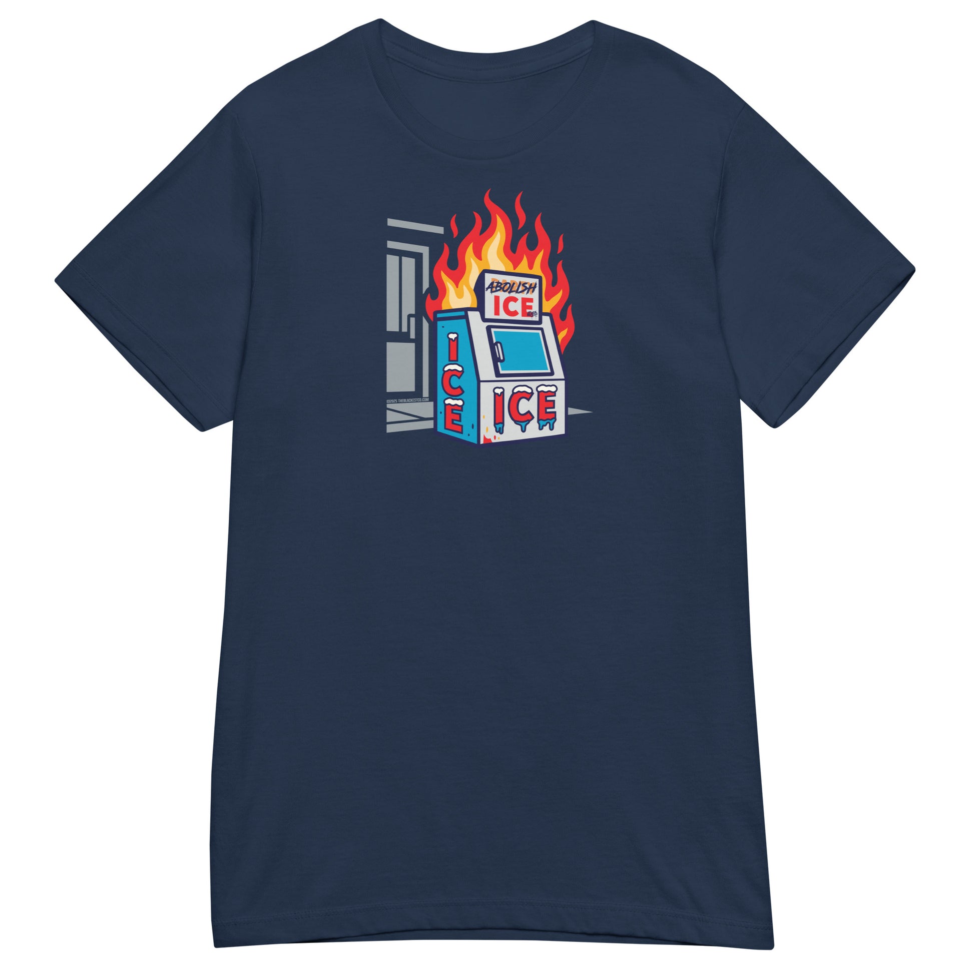 Navy Abolish ICE Women’s Softstyle T-Shirt by TheBlackest Co. featuring a flaming ice machine graphic for bold activist expression.