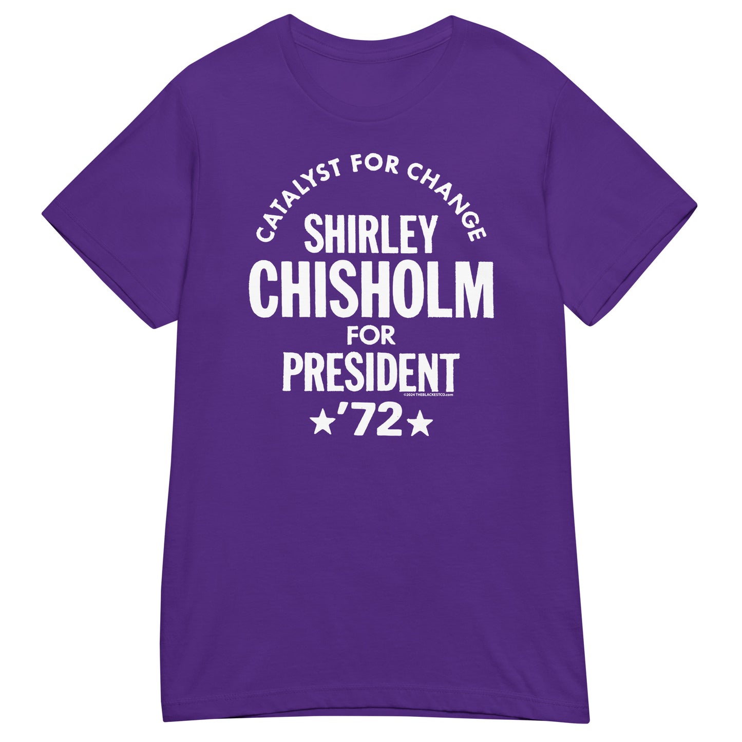 Purple Shirley Chisholm For President 72 Women’s Softstyle T-shirt with bold white print. Feminist apparel honoring a trailblazing presidential candidate.