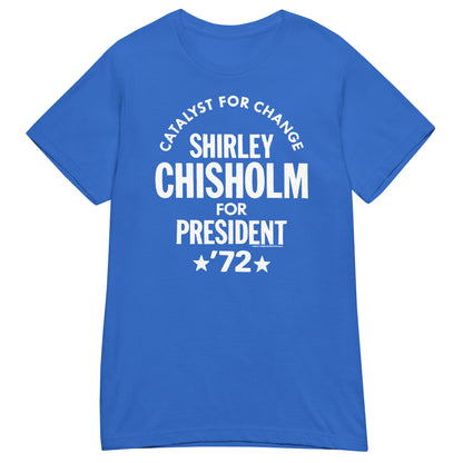 Royal blue Shirley Chisholm For President 72 Women’s Softstyle T-shirt with bold white text honoring historic 1972 campaign. Soft fit for casual wear.