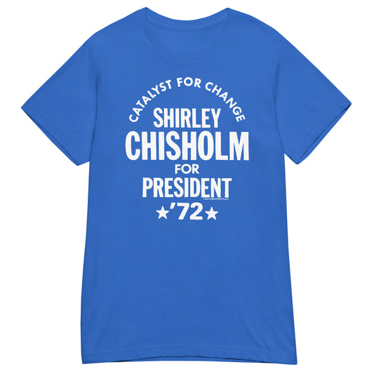 Royal blue Shirley Chisholm For President 72 Women’s Softstyle T-shirt with bold white text honoring historic 1972 campaign. Soft fit for casual wear.