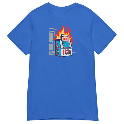 Royal blue Abolish ICE Women’s Softstyle T-Shirt from TheBlackest Co., featuring activist artwork of a burning ice machine.