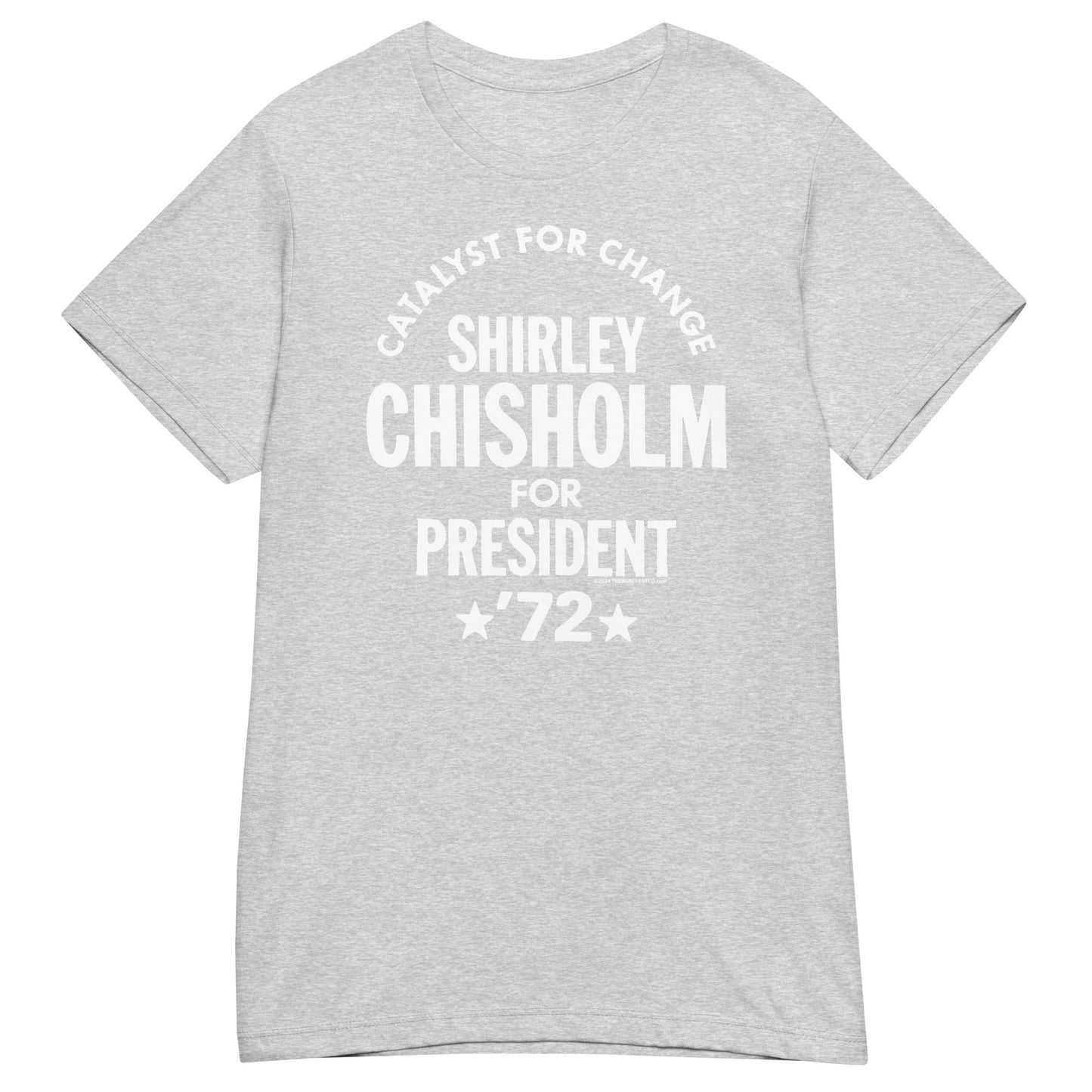 Heather gray Shirley Chisholm For President 72 Women’s Softstyle T-shirt with white print. Soft, fitted tee honoring the first Black woman presidential candidate.