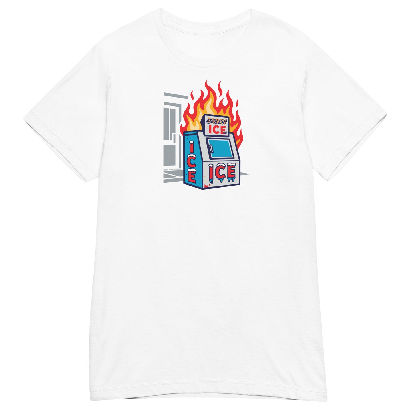 White Abolish ICE Women’s Softstyle T-Shirt by TheBlackest Co., featuring a powerful anti-ICE graphic of a burning ice machine.