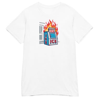 White Abolish ICE Women’s Softstyle T-Shirt by TheBlackest Co., featuring a powerful anti-ICE graphic of a burning ice machine.