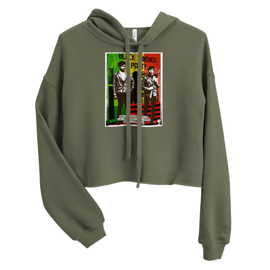 The Black Panther Party BPP Storefront Crop Hoodie in olive green with bold graphic print of BPP leaders and red, black, green background.