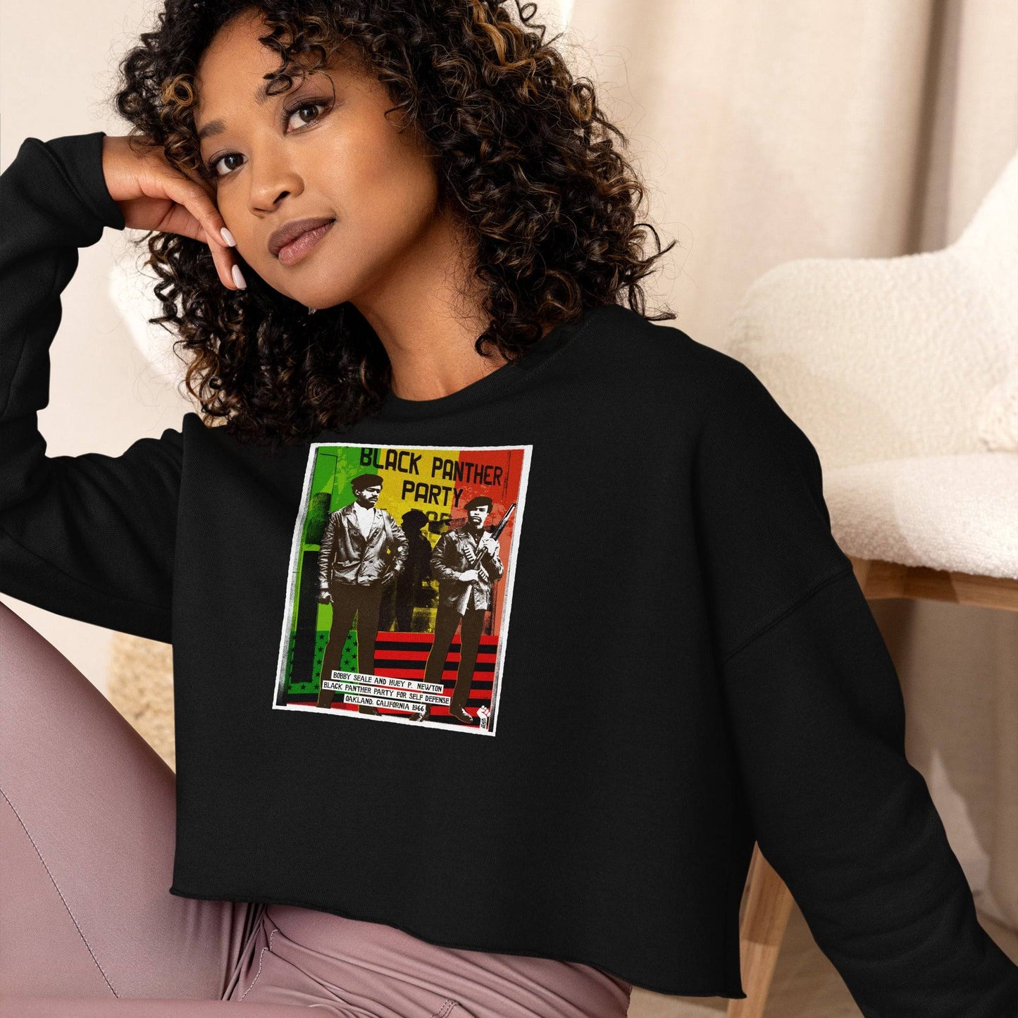 Model wearing Black Panther Party crop top sweatshirt