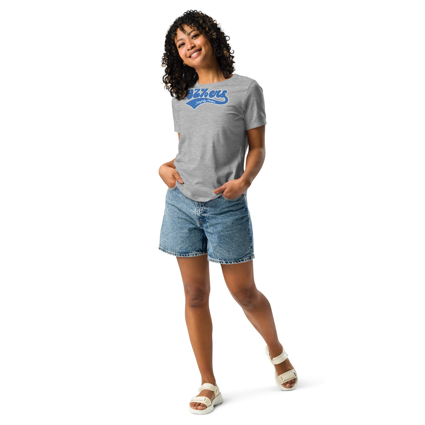 Woman wearing a heather gray '92 Percenter Integrity Matters' relaxed t-shirt paired with denim shorts, versatile and stylish.