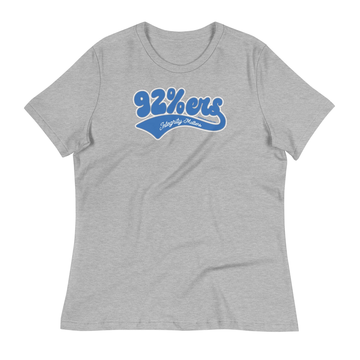 Heather gray women's relaxed t-shirt featuring '92 Percenter Integrity Matters' design in blue and white, versatile and comfortable.