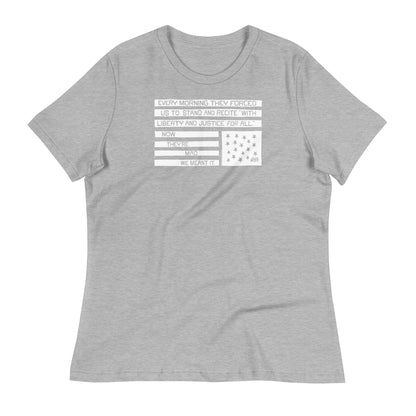 Gray women's relaxed t-shirt with protest quote and American flag design, casual clothing for social justice and political activism.