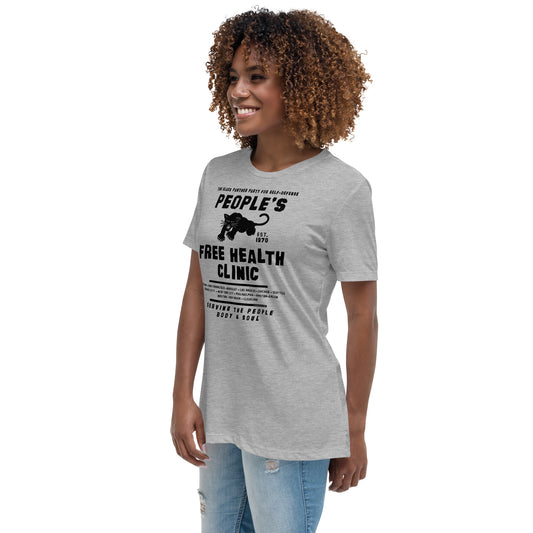 a woman wearing a t - shirt with a black panther on it that says people's free health clinic