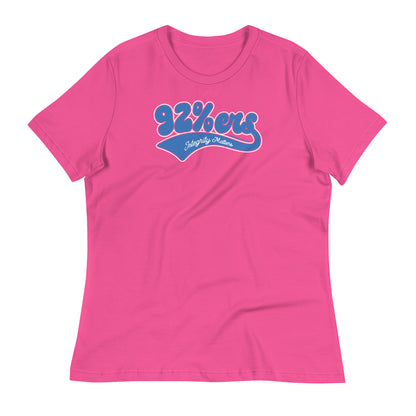 Bright pink women's relaxed t-shirt showcasing '92 Percenter Integrity Matters' graphic in blue and white, vibrant and trendy.