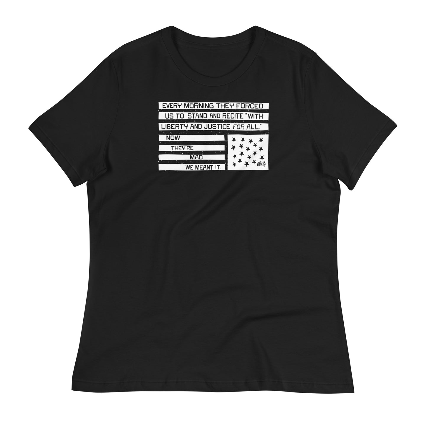 Black casual women's t-shirt with protest message and flag graphic, relaxed fit, social justice statement apparel