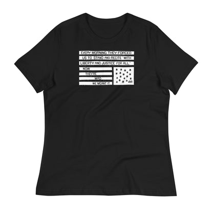 Black casual women's t-shirt with protest message and flag graphic, relaxed fit, social justice statement apparel