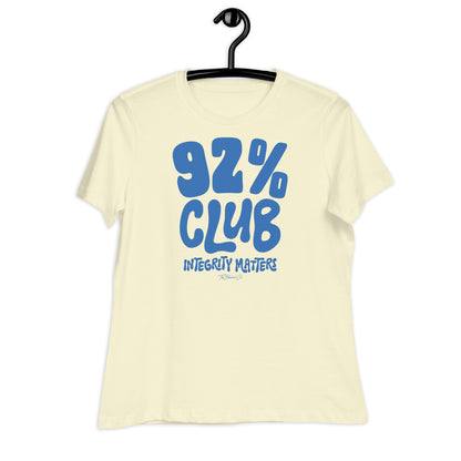 Cream 92% Club Women's Relaxed T-Shirt by TheBlackest Co. featuring bold blue text '92% Club Integrity Matters.'