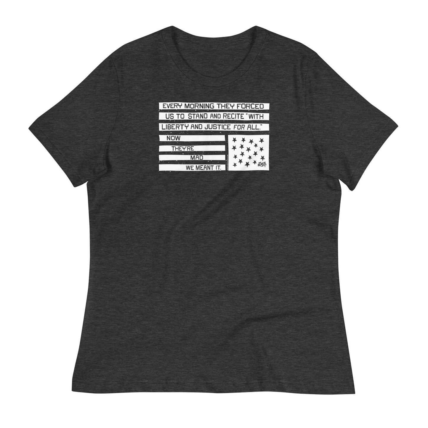 Dark heather grey and white protest graphic t-shirt with quote about liberty and justice, relaxed fit, casual apparel for activism and social justice.