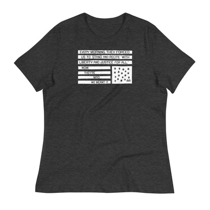 Dark heather grey and white protest graphic t-shirt with quote about liberty and justice, relaxed fit, casual apparel for activism and social justice.