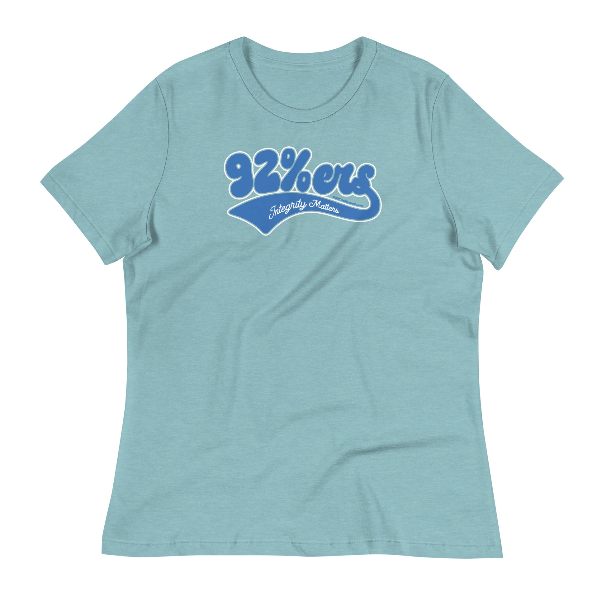 Light teal women's relaxed t-shirt showcasing '92 Percenter Integrity Matters' graphic in blue and white, casual and fresh.