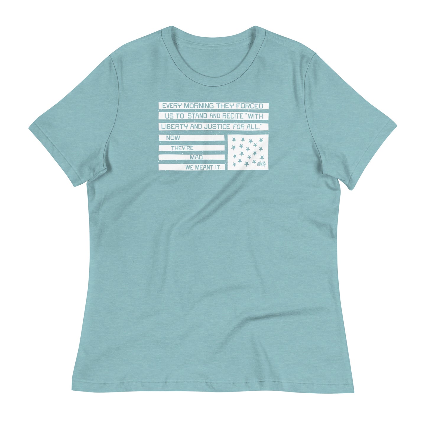 Aqua t-shirt with white protest quote and American flag graphic, casual social justice apparel, model wearing relaxed fit shirt