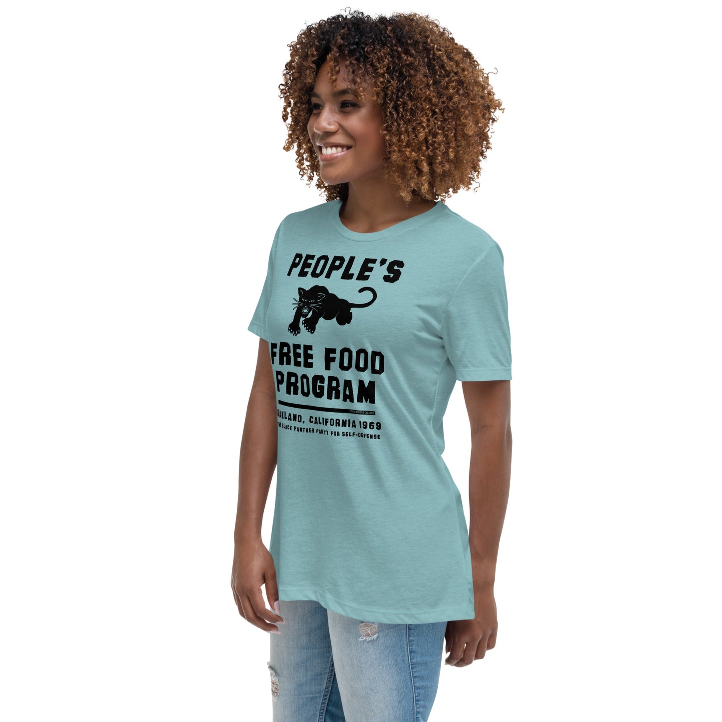 a woman wearing a t - shirt that says people's free food program