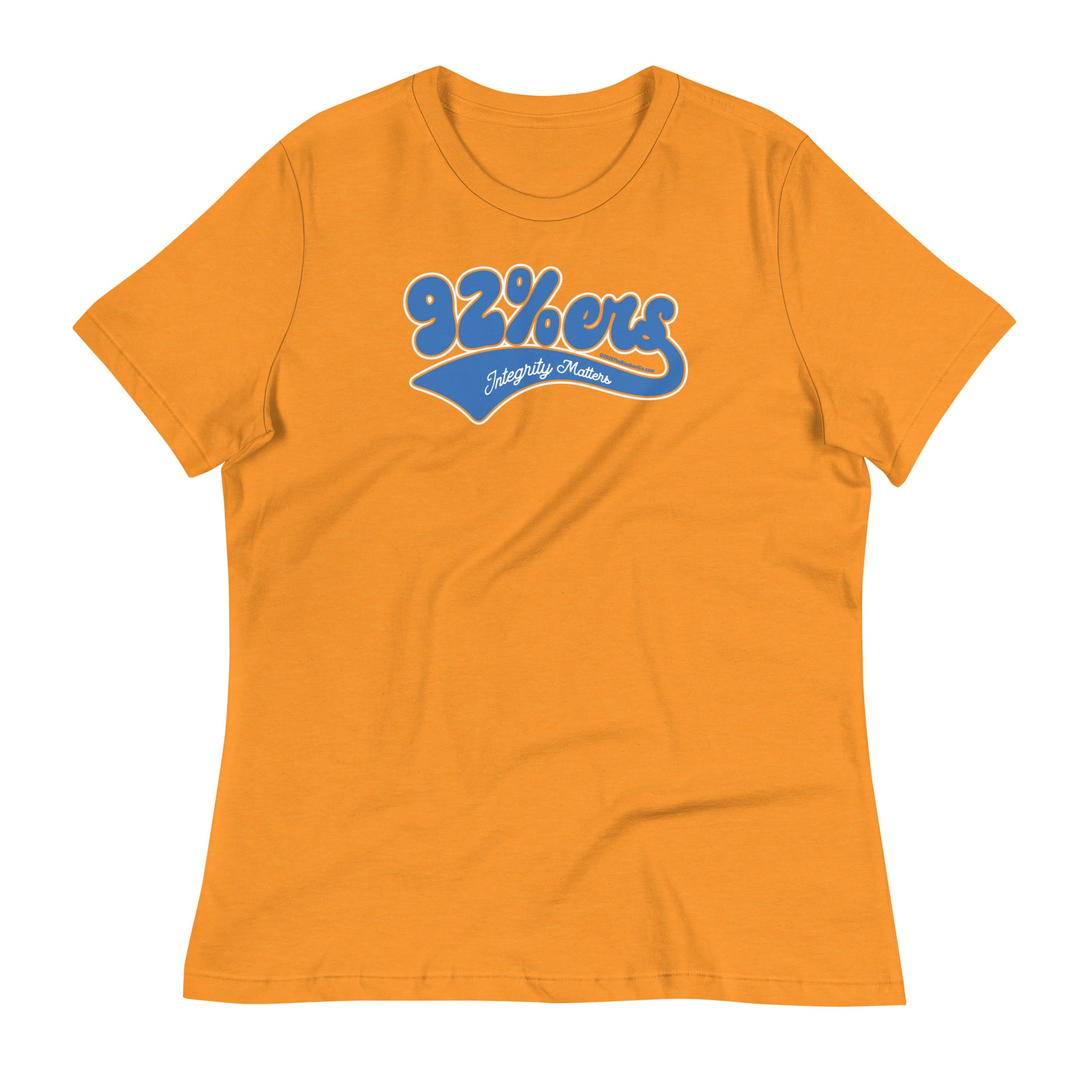 Orange women's relaxed t-shirt with '92 Percenter Integrity Matters' design in blue and white, bright and eye-catching.