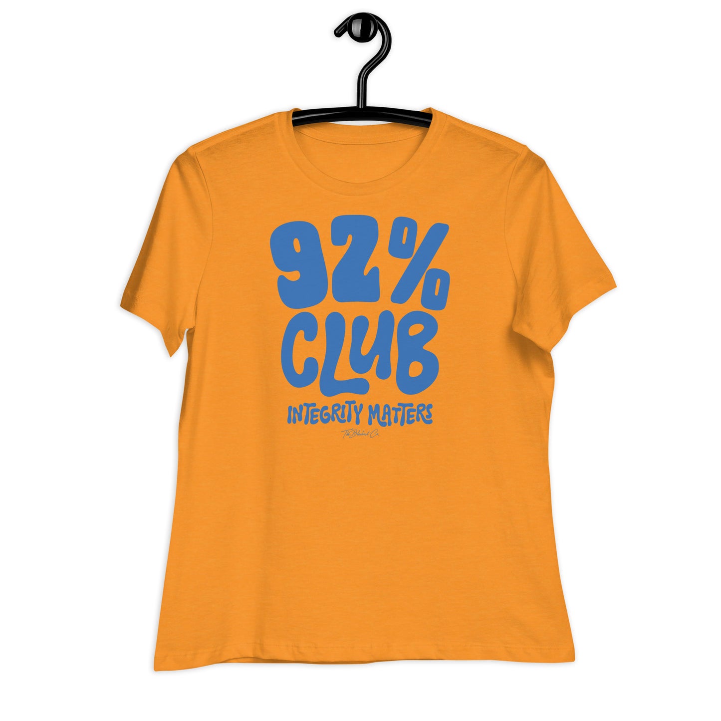 Gold 92% Club Women's Relaxed T-Shirt by TheBlackest Co. with bold blue text reading '92% Club Integrity Matters.'