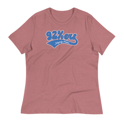 Dusty rose women's relaxed t-shirt with '92 Percenter Integrity Matters' design in blue and white, soft and stylish.