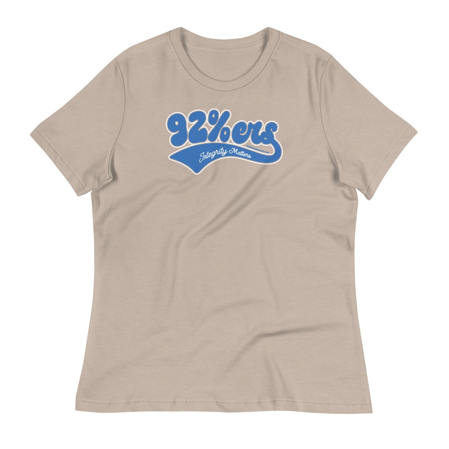 Beige women's relaxed t-shirt with '92 Percenter Integrity Matters' graphic in blue and white, neutral and stylish.