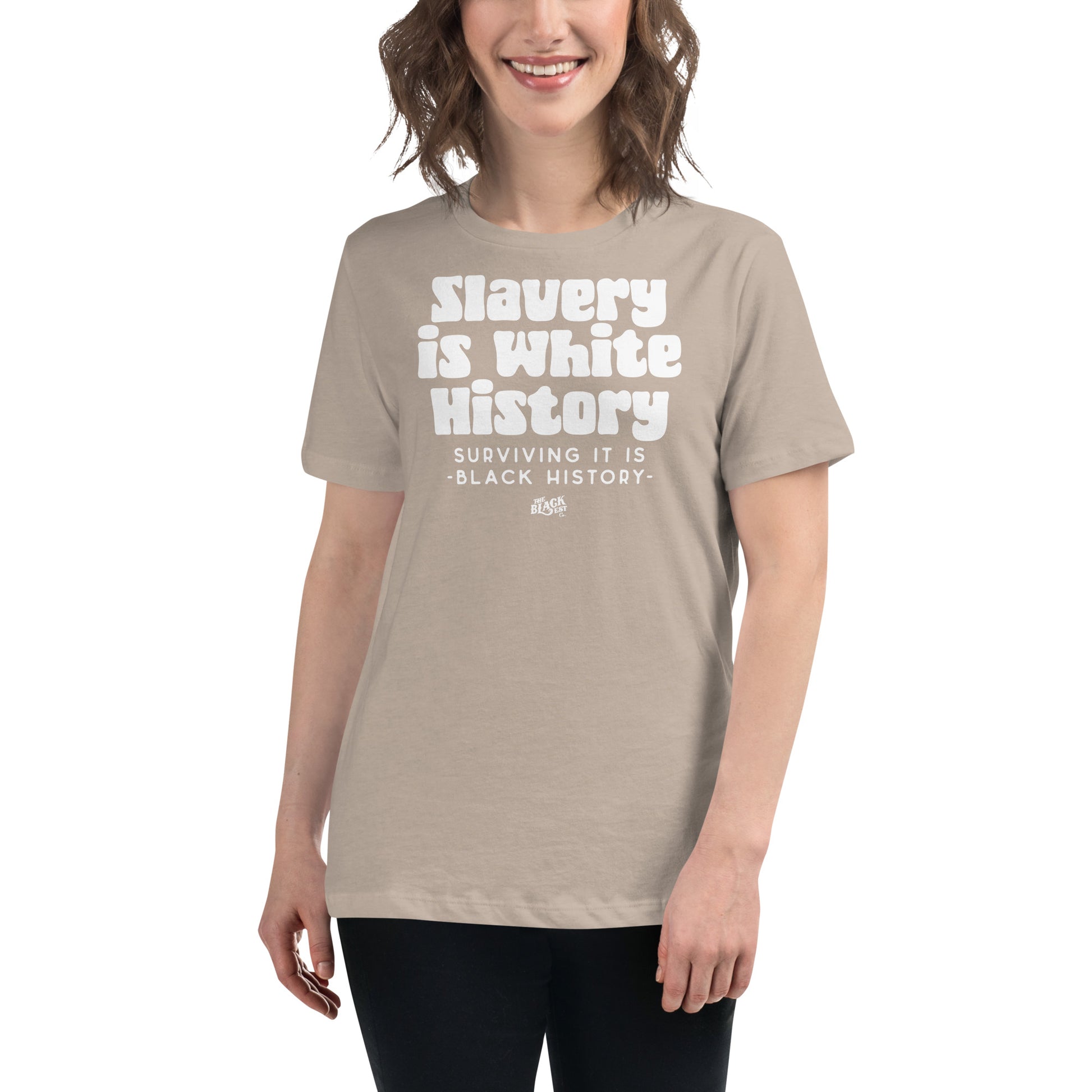 Front view of a woman wearing the ALLEY VERSION Slavery Is White History women's relaxed t-shirt in sand color. Soft, cozy, and versatile.