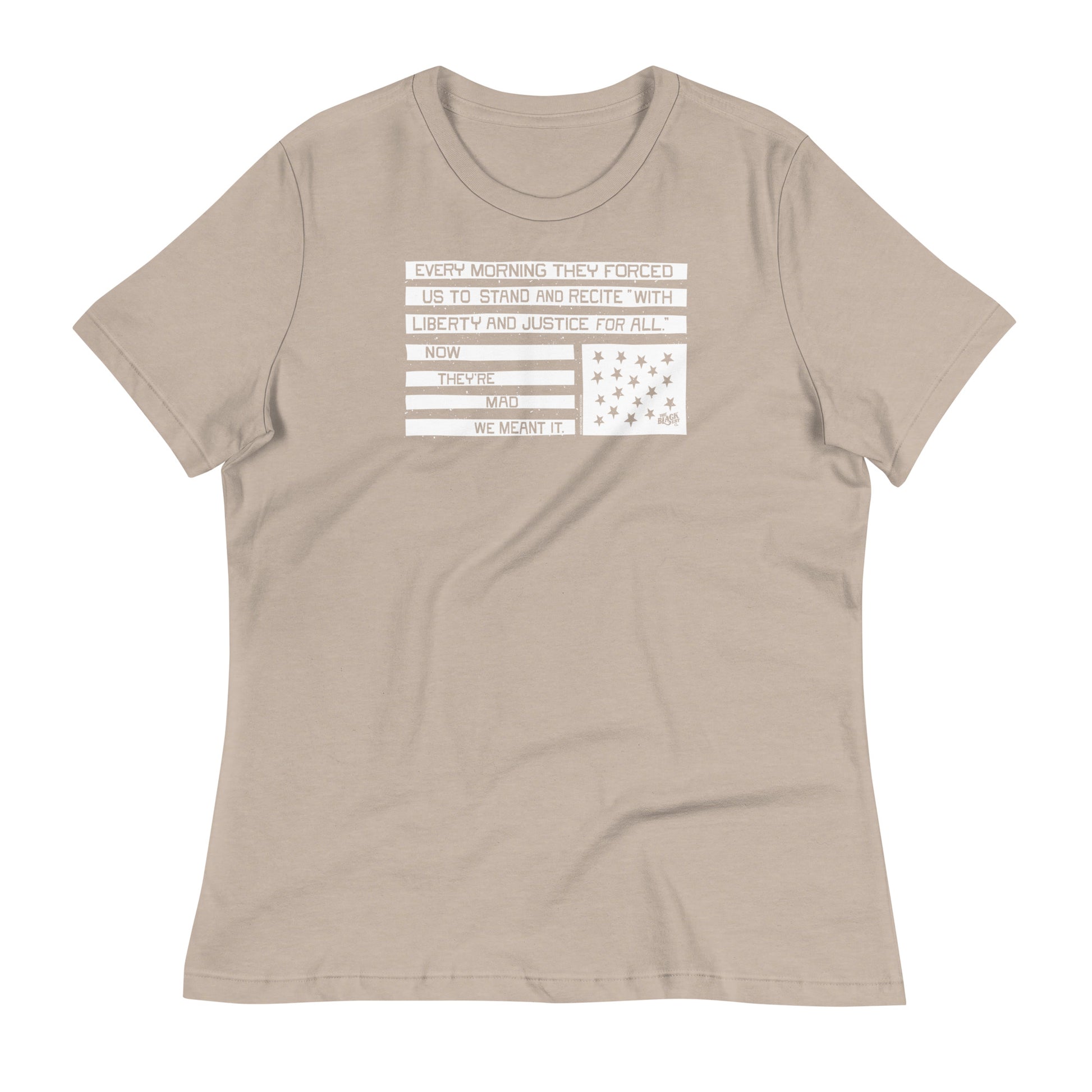 Beige relaxed women's t-shirt with protest quote and American flag graphic, made in USA, casual wear for social justice activism.