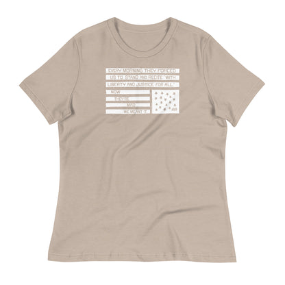 Beige relaxed women's t-shirt with protest quote and American flag graphic, made in USA, casual wear for social justice activism.