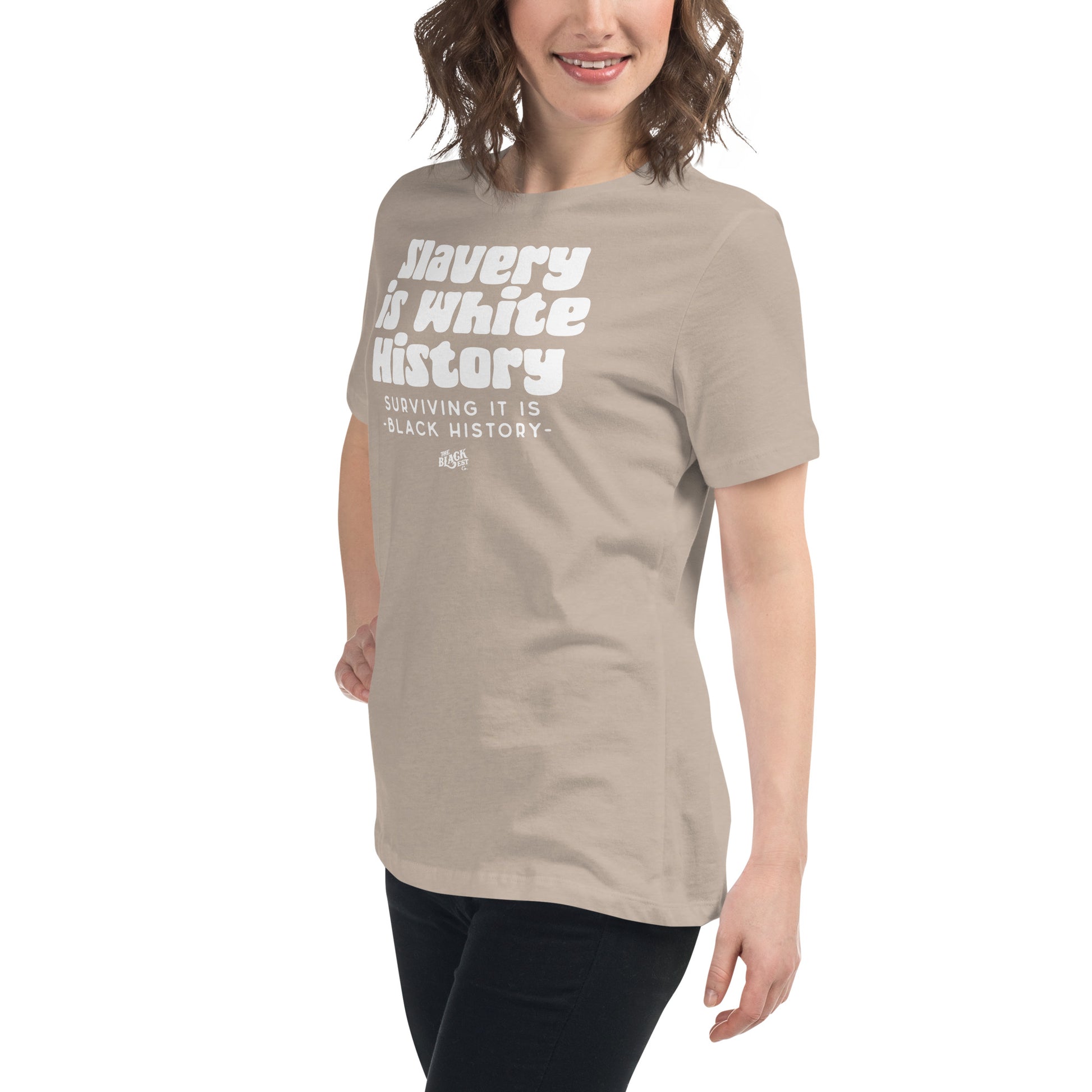 Side view of a woman wearing the ALLEY VERSION Slavery Is White History women's relaxed t-shirt in sand color. A bold and meaningful fashion statement.