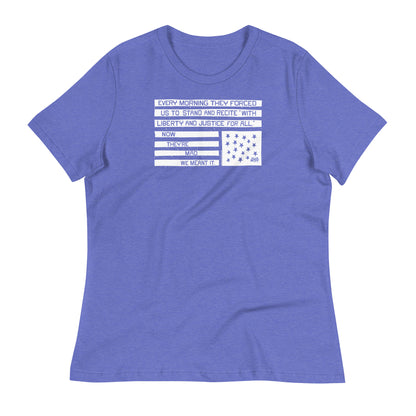 Blue relaxed women's t-shirt with protest quote and American flag graphic, made in USA, casual wear for social justice activism