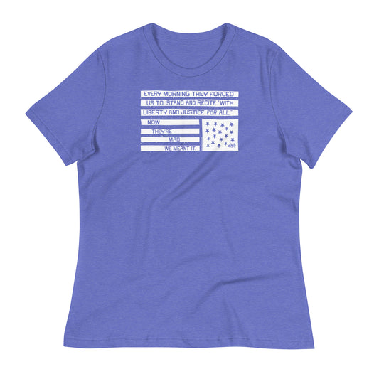 Blue relaxed women's t-shirt with protest quote and American flag graphic, made in USA, casual wear for social justice activism