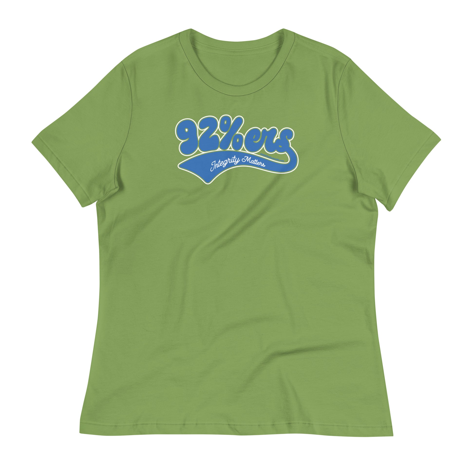 Green women's relaxed t-shirt featuring '92 Percenter Integrity Matters' graphic in blue and white, bold and comfortable.