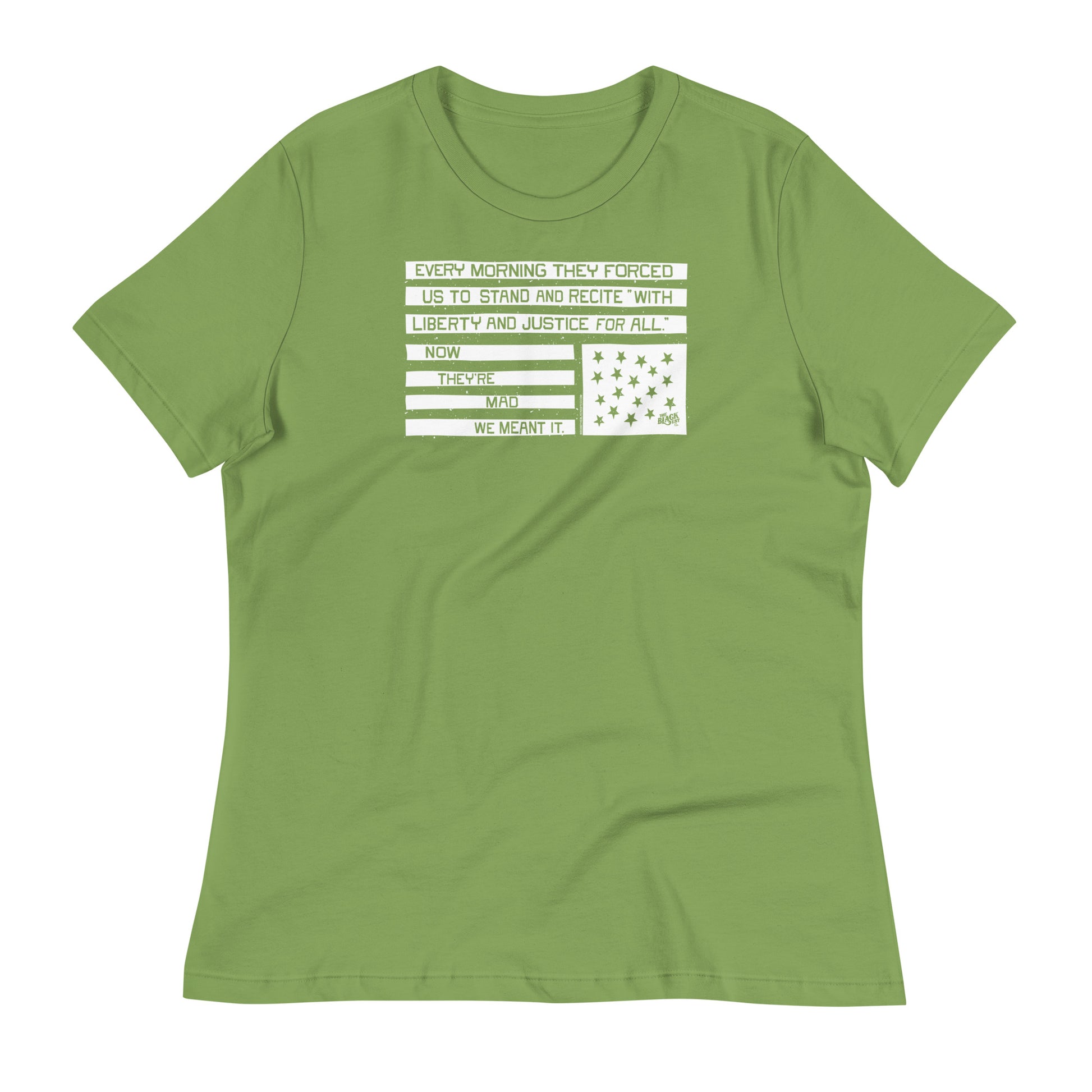 Green relaxed women's t-shirt with protest quote and star graphic, casual social justice apparel, model smiling