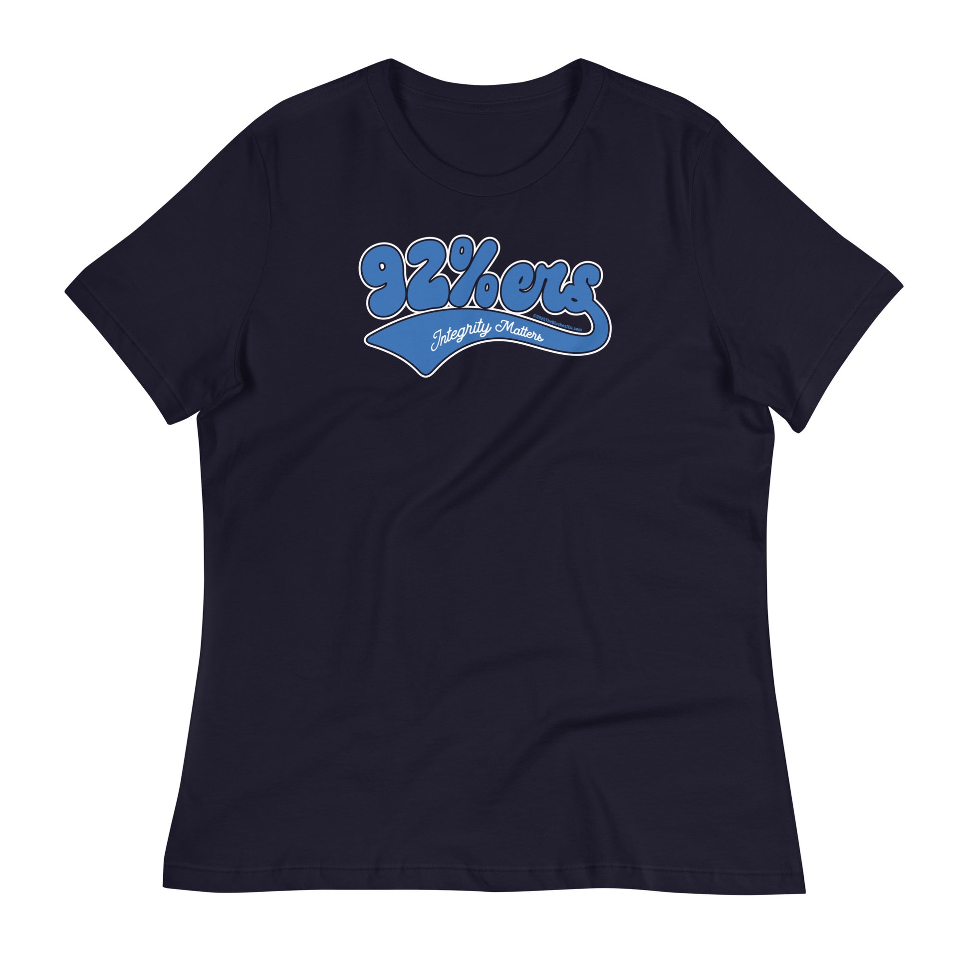 Black women's relaxed t-shirt with '92 Percenter Integrity Matters' design in bold blue and white, perfect for everyday wear.