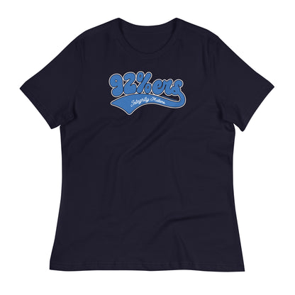 Black women's relaxed t-shirt with '92 Percenter Integrity Matters' design in bold blue and white, perfect for everyday wear.