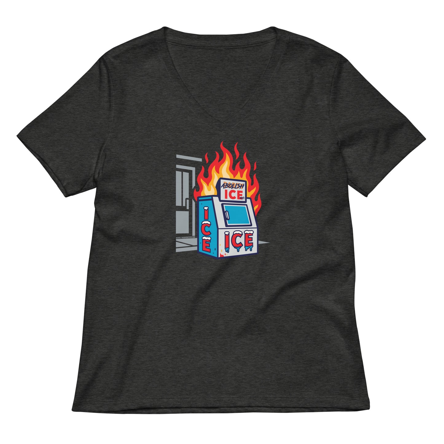 Dark gray Abolish ICE Women’s V-neck T-Shirt featuring protest art graphic, relaxed fit activist apparel by TheBlackest Co.