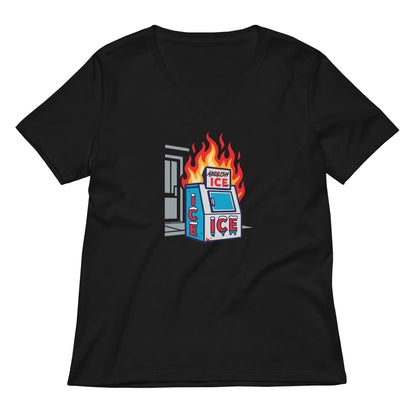 Black Abolish ICE Women’s V-neck T-Shirt with bold flaming ICE machine design, a statement tee for social justice and immigrant rights.