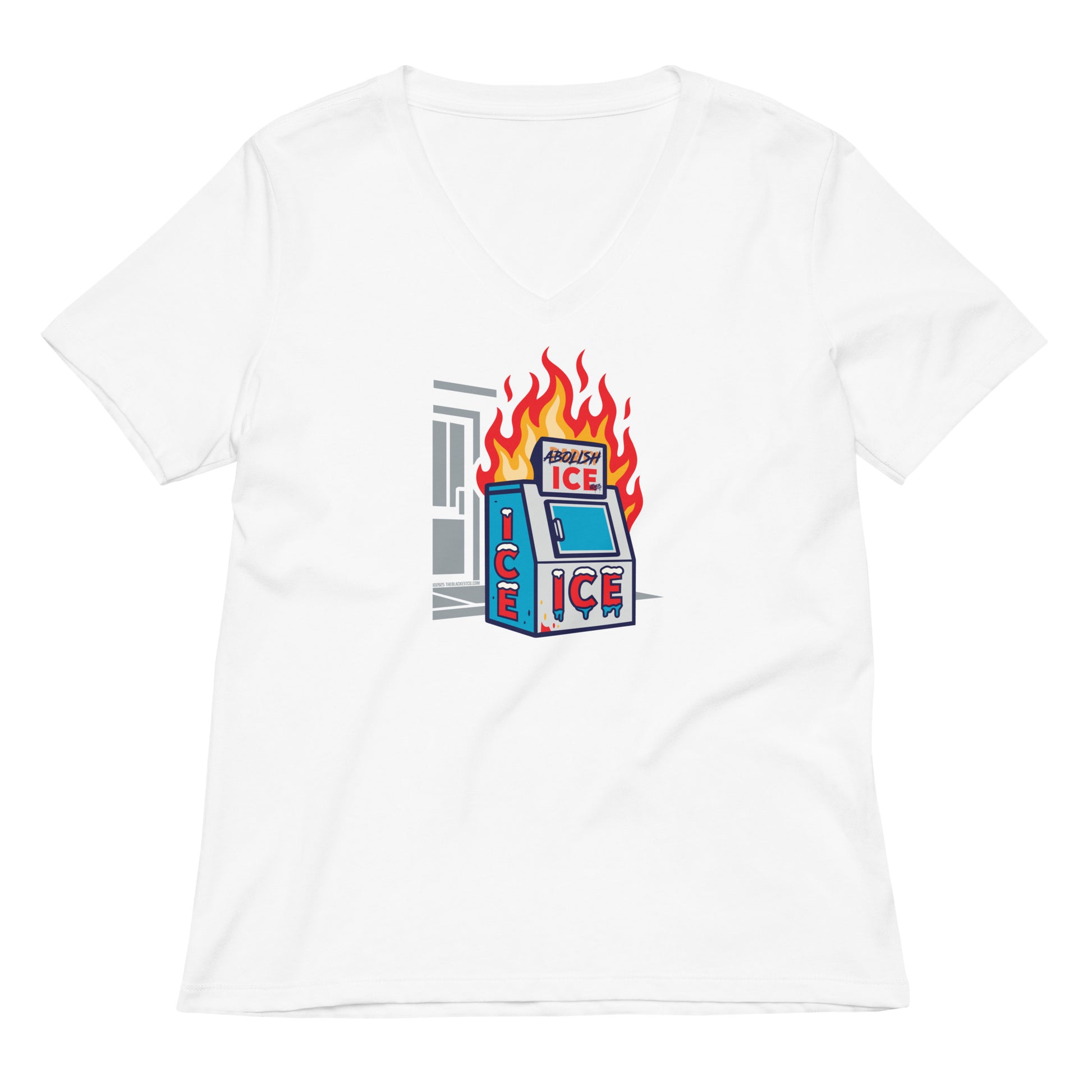 White Abolish ICE Women’s V-neck T-Shirt with colorful protest graphic, women’s statement tee supporting social justice and reform.